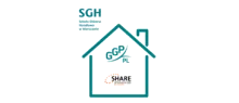 Grafika ukazująca kształt domu w którym znajdują się logotypy projektów GGP i SHARE, nad którym jest logo SGH jako nadrzędną strukturę